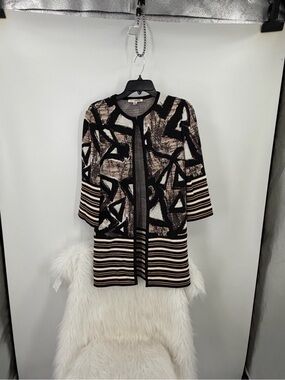 St. John One Button Abstract Black, Cream & Brown Open Front Long Cardigan